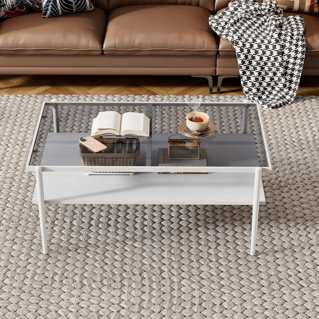 TAVOLINO DA SALOTTO Rettangolare in vetro temperato 97,5x61,5x45 cm Grigio/Bianco