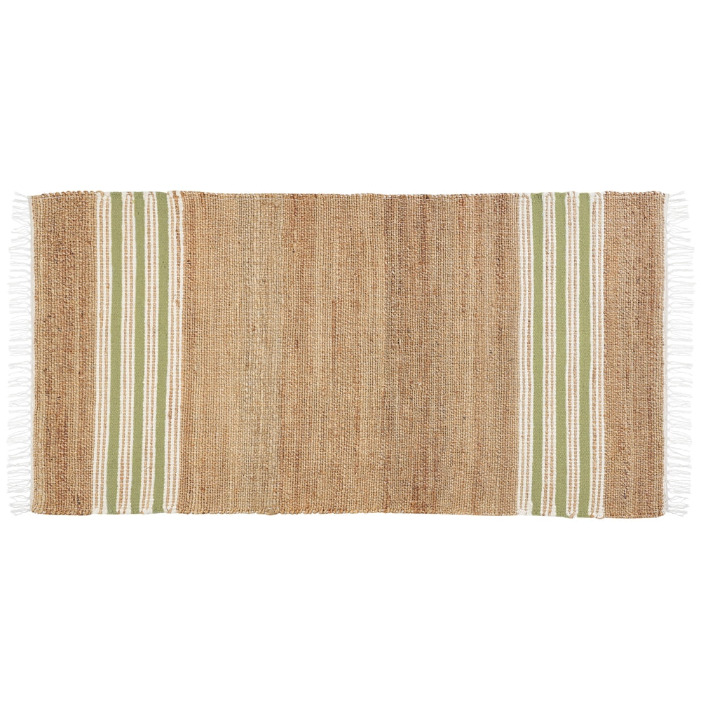 Tappeto in iuta con motivo a righe e nappe beige e verde 80 x 150 cm soggiorno camera da letto ingresso