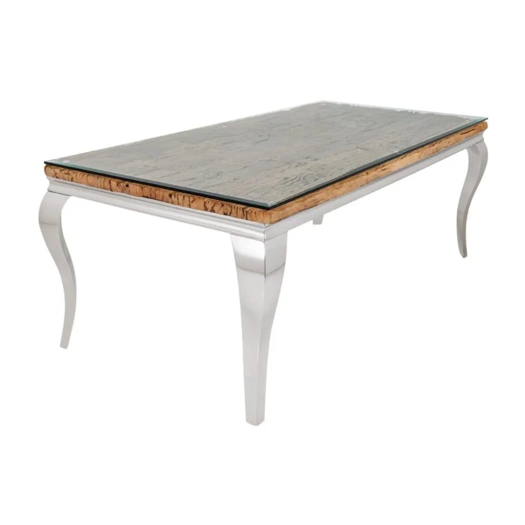 Tavolo da pranzo VELENA – Rettangolare 200 cm – Legno di teak, vetro e acciaio argentato – Stile barocco chic