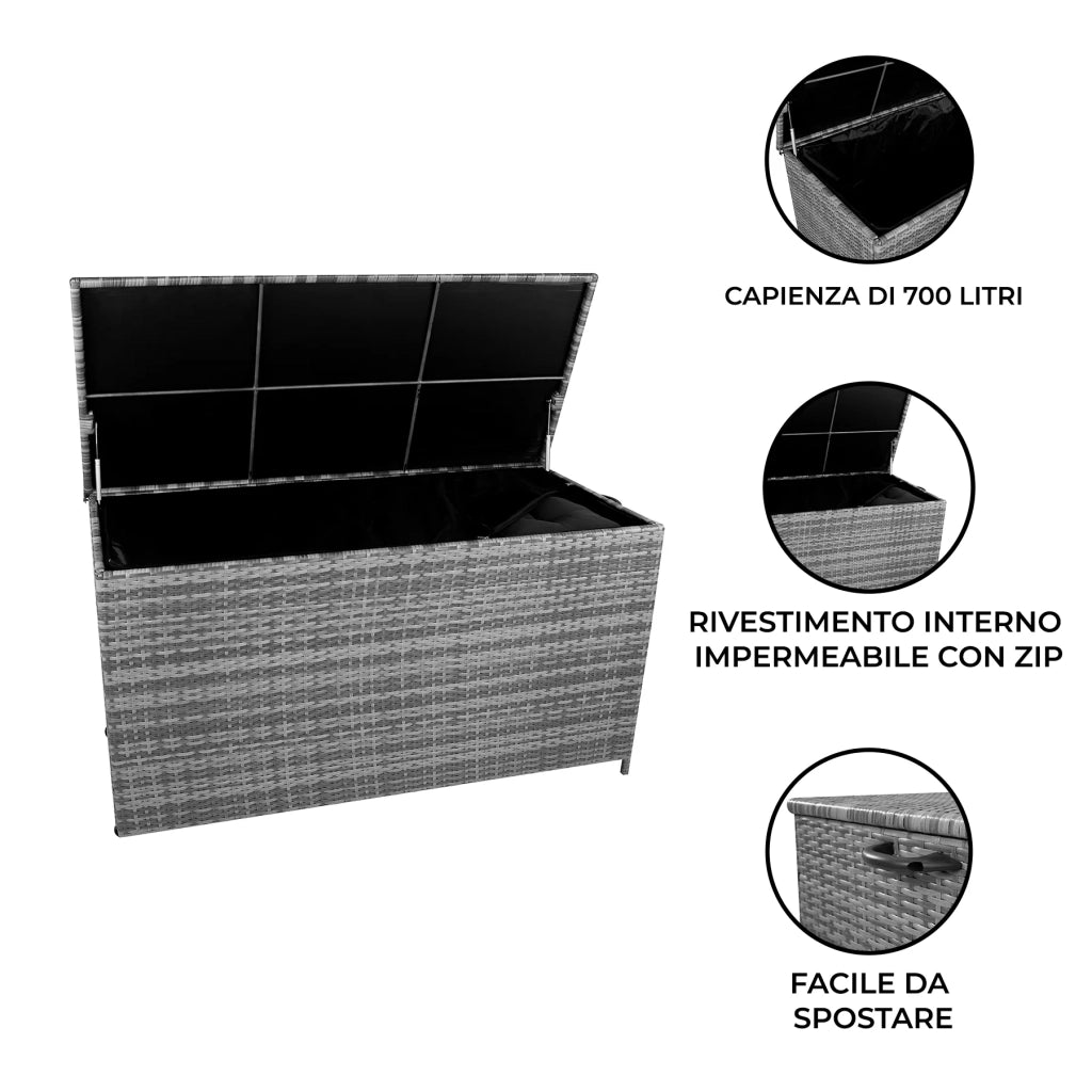 Box Contenitore Rattan Giardino 700L Grigio Baule Esterno con Rivestimento