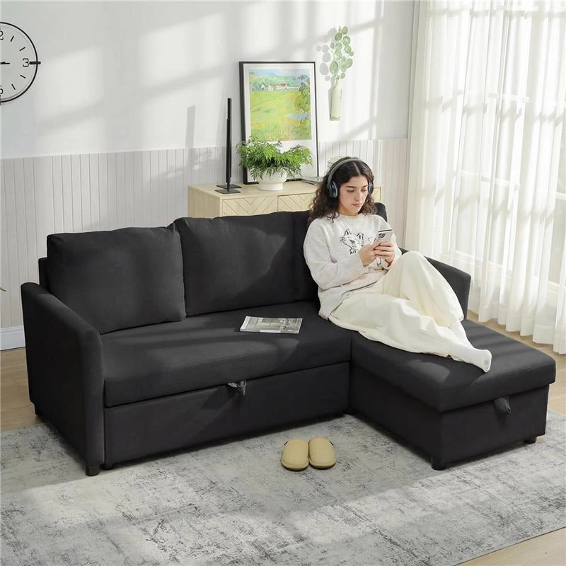 DIVANO LETTO ANGOLARE EFFETTO LINO CON VANO PORTAOGGETTI A SCOMPARSA, 192X148X86 CM, GRIGIO ANTRACITE