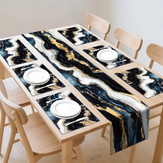 Set di tovaglie e piatti da tavola in tessuto marmo, 6 pezzi, con texture marbled, nero, bianco e oro, decorazione moderna per cucina e sala da pranzo.