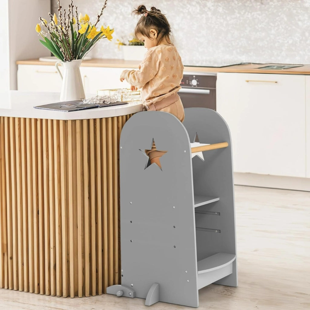 Torre da cucina multifunzionale per bambini, Sgabello per bambini dai 3 anni in su Grigio-Scaffalature
