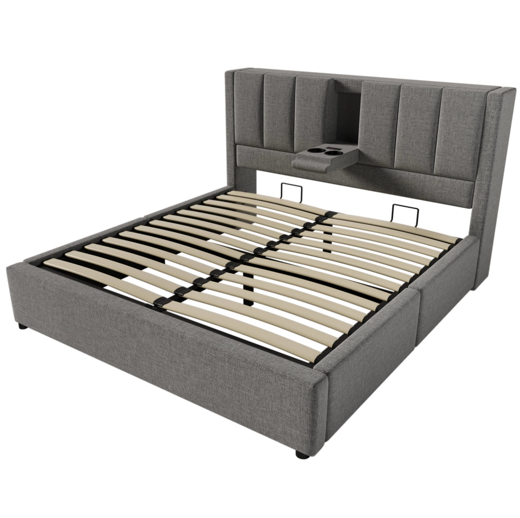 Letto matrimoniale 160x200 cm con contenitore; testiera con portabicchieri e stazione di ricarica; grigio in lino
