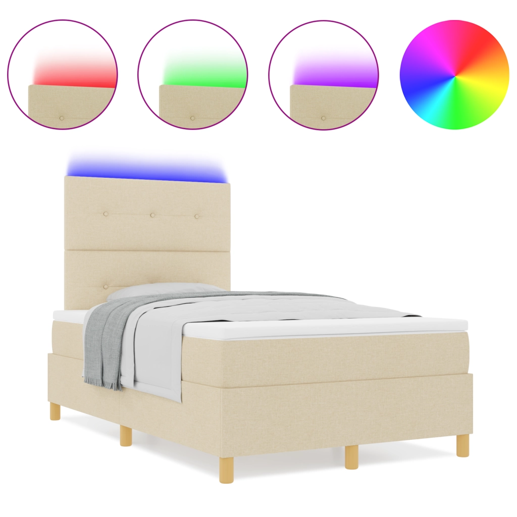 letto box spring con materasso e LED crema 120x200 cm in tessuto