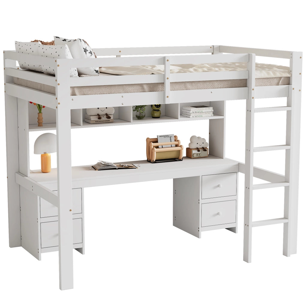 Letto a castello bianco in pino con funzione scrivania e spazio contenitivo 90x200 cm