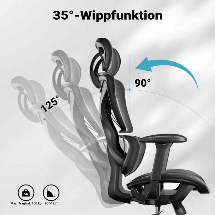 Sedia da ufficio ergonomica con regolazione di poggiatesta, braccioli e schienale, max 150 kg
