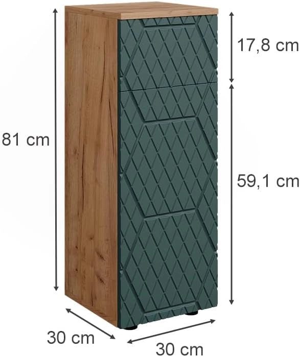 Mobile midi Irma, Quercia verde/oro, 30 x 81 cm con 1 cassetto, 2 scomparti, bagno, per la conservazione in bagno, abbinabile alla serie Irma