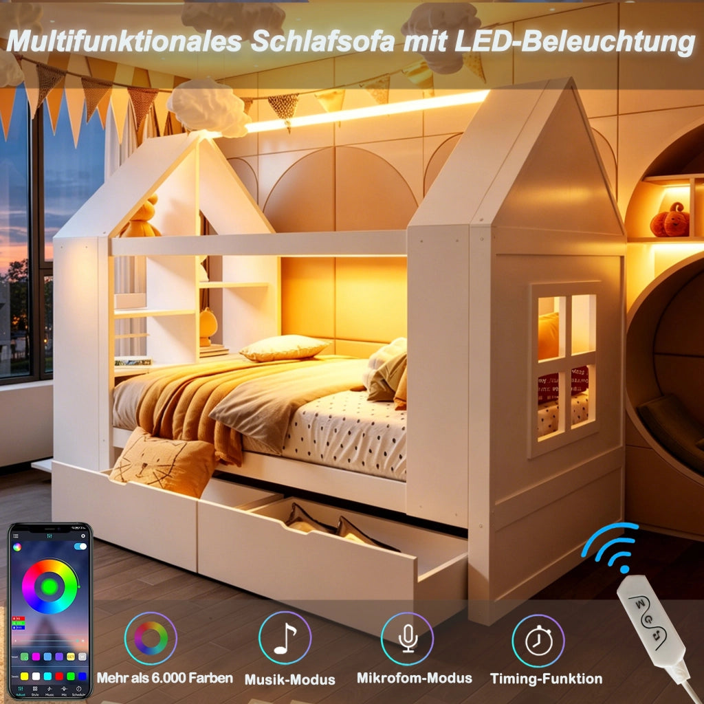 Letto per bambini 90 × 200 cm a casetta con 2 cassetti, LED, ripiani, senza materasso, in legno, bianco