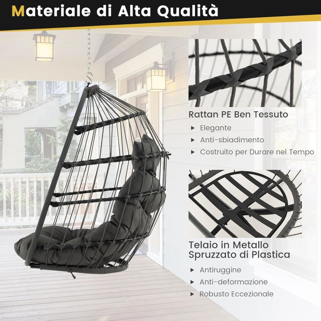 Sedia Sospesa a Uovo, Sedia Amaca con Cuscino per Testa e Seduta, Sedia a Dondolo in Vimini da Interno/Esterno, Design Pieghevole Salvaspazio, Capacità 150 kg