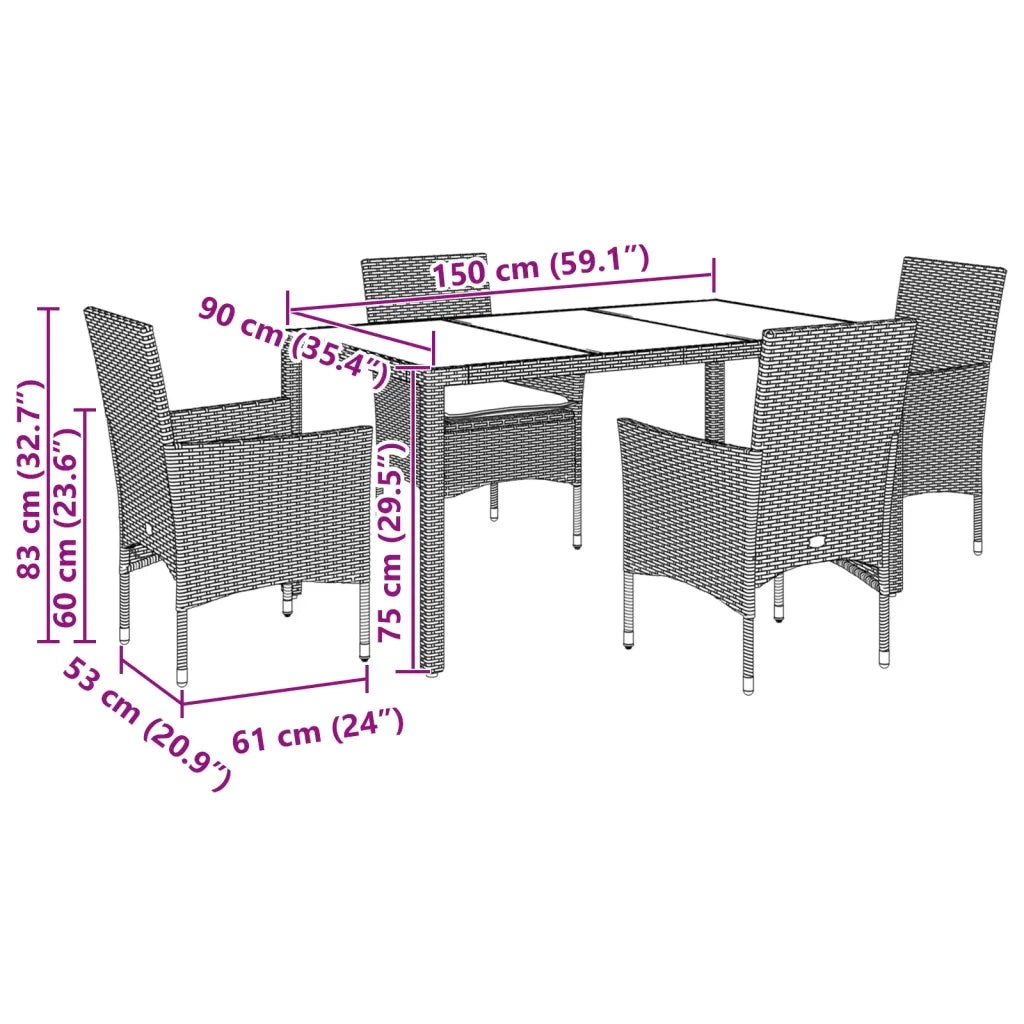 Set da Pranzo da Giardino 5pz con Cuscini Polyrattan e Vetro