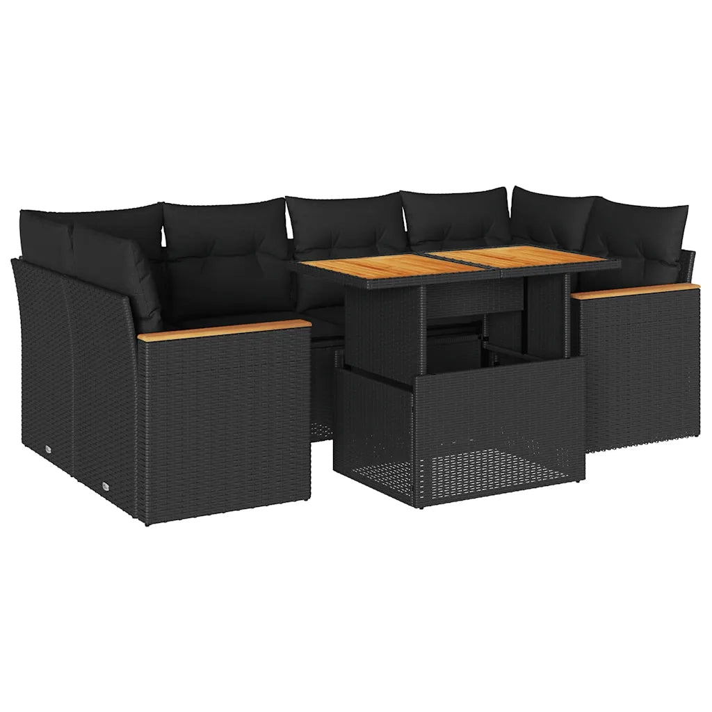 Set Divano da Giardino 6 pz con Cuscini Nero Polyrattan Acacia