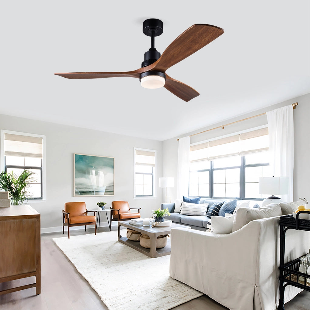 Ventilatore da soffitto con luce, telecomando, pale in legno massello, nero e noce scuro
