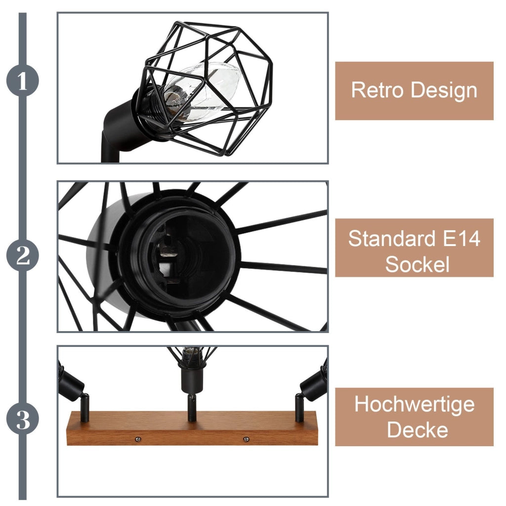 ZMH Faretto da soffitto legno nero 3 luci metallo rotanti 350° stile retrò max 25W per sale pranzo senza lampadina