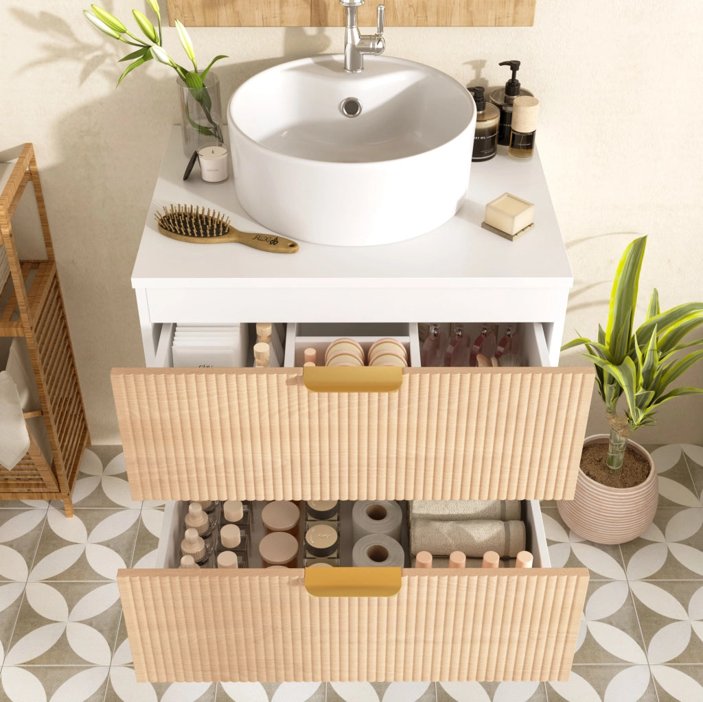 Mobile bagno sospeso 60 cm con lavabo in ceramica, 2 cassetti, MDF naturale