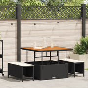 Set da pranzo da giardino 3 pezzi con cuscini in polirattan nero e acacia
