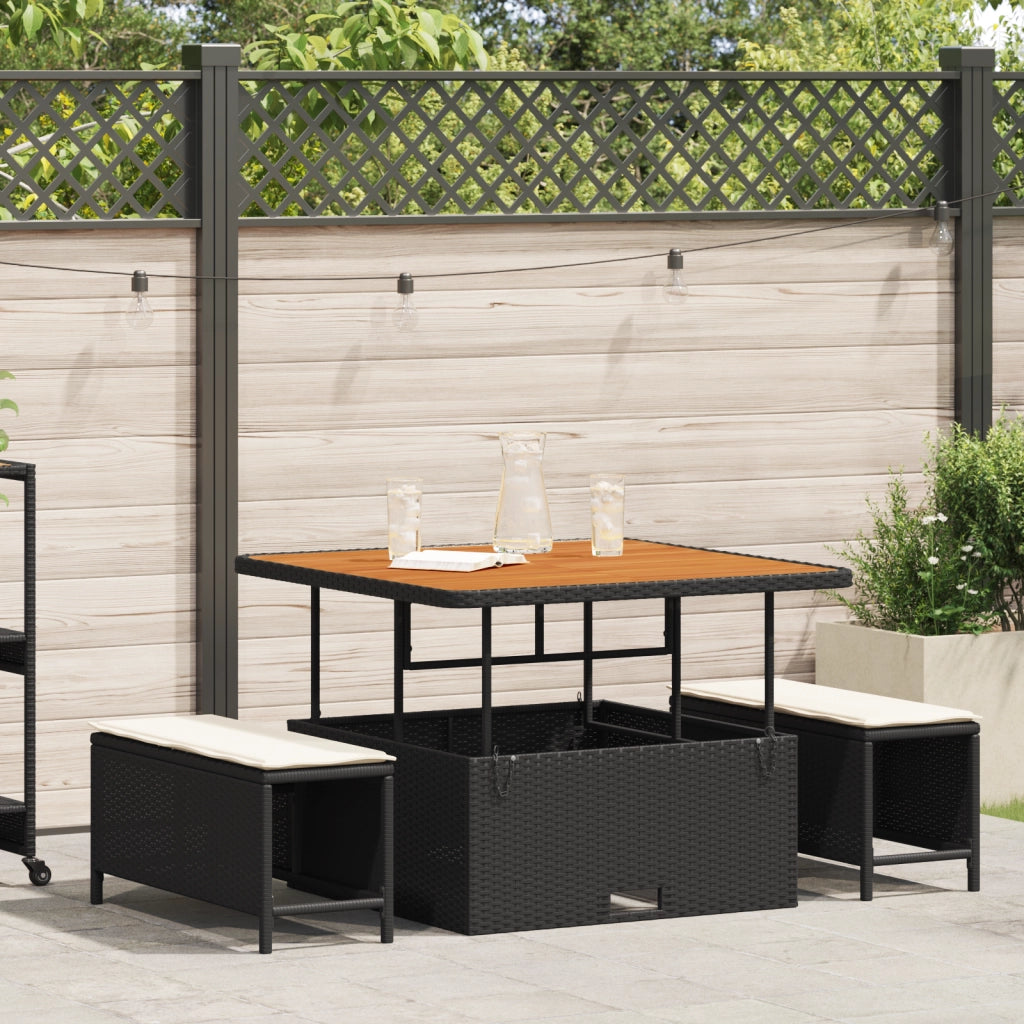 Set da pranzo da giardino 3 pezzi con cuscini in polirattan nero e acacia
