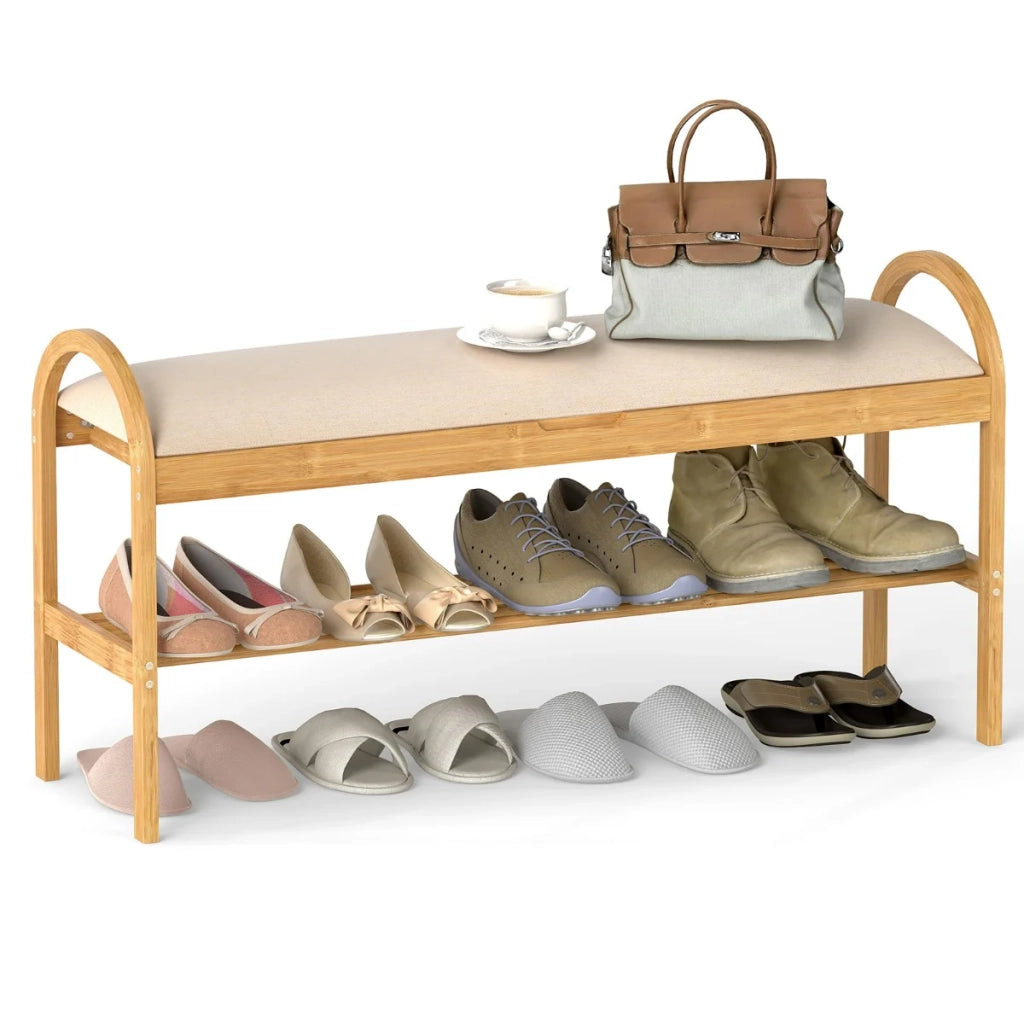 Panca portascarpe 101 x 31 x 51 cm con contenitore nascosto seduta ergonomica stile contemporaneo bambù beige 20_0018333