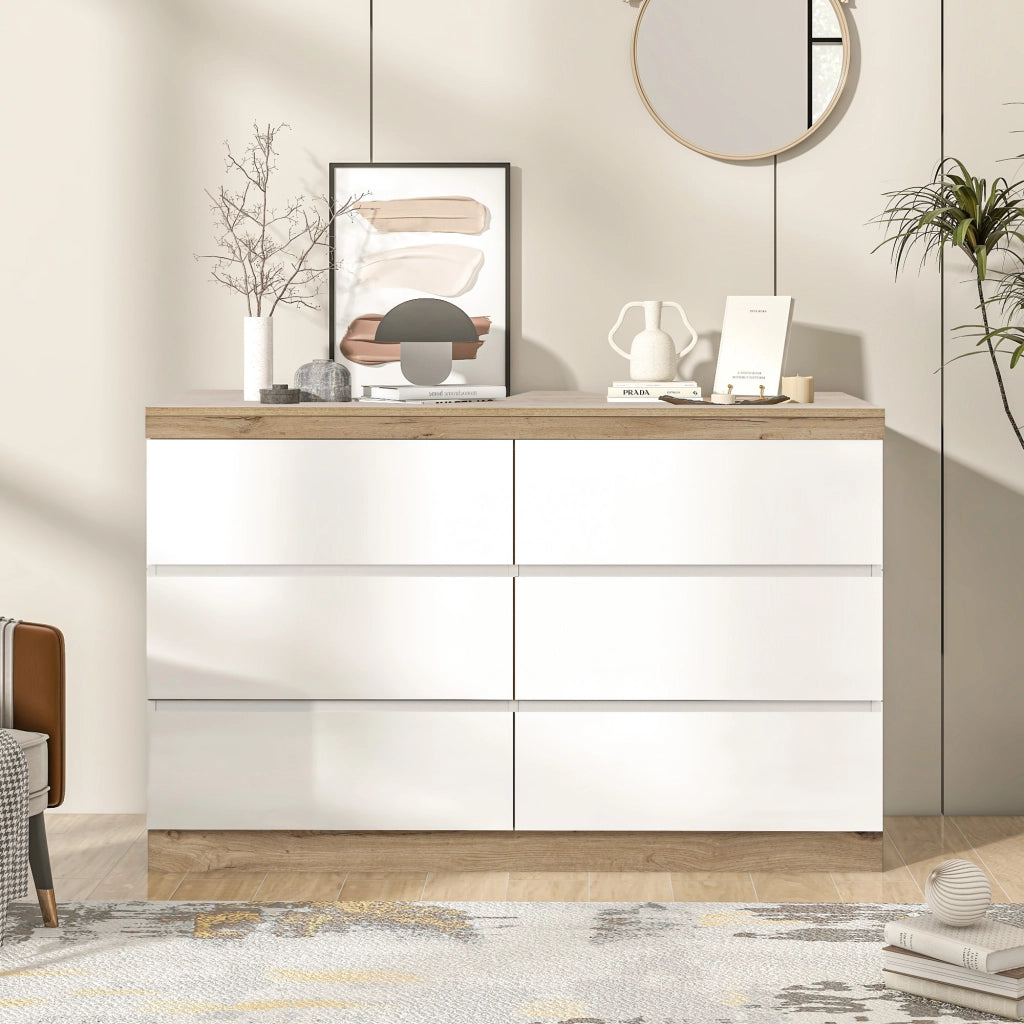 Cassettiera con 6 Cassetti e Anta; Stile Classico; in Pannello Truciolare E1; Bianco e Rovere