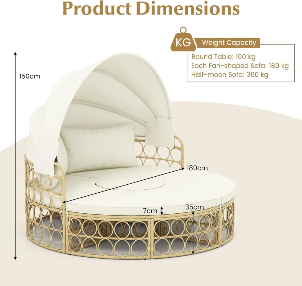 Divano letto rotondo con tenda retrattile, lettino modulare in rattan PE da 5 pezzi, set di mobili da giardino, 180x150 cm, per veranda, posteriore, piscina