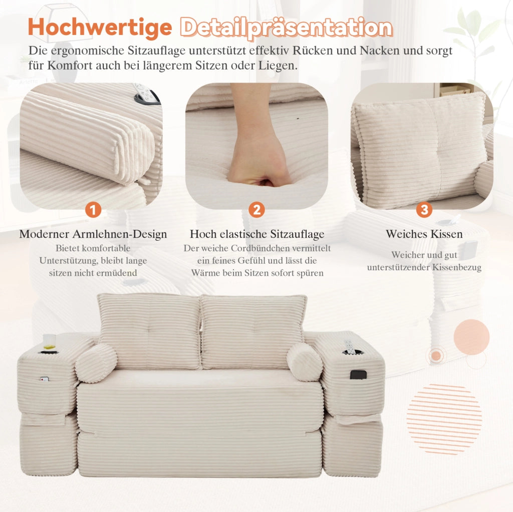 Divano letto modulare in velluto a coste beige con portaoggetti