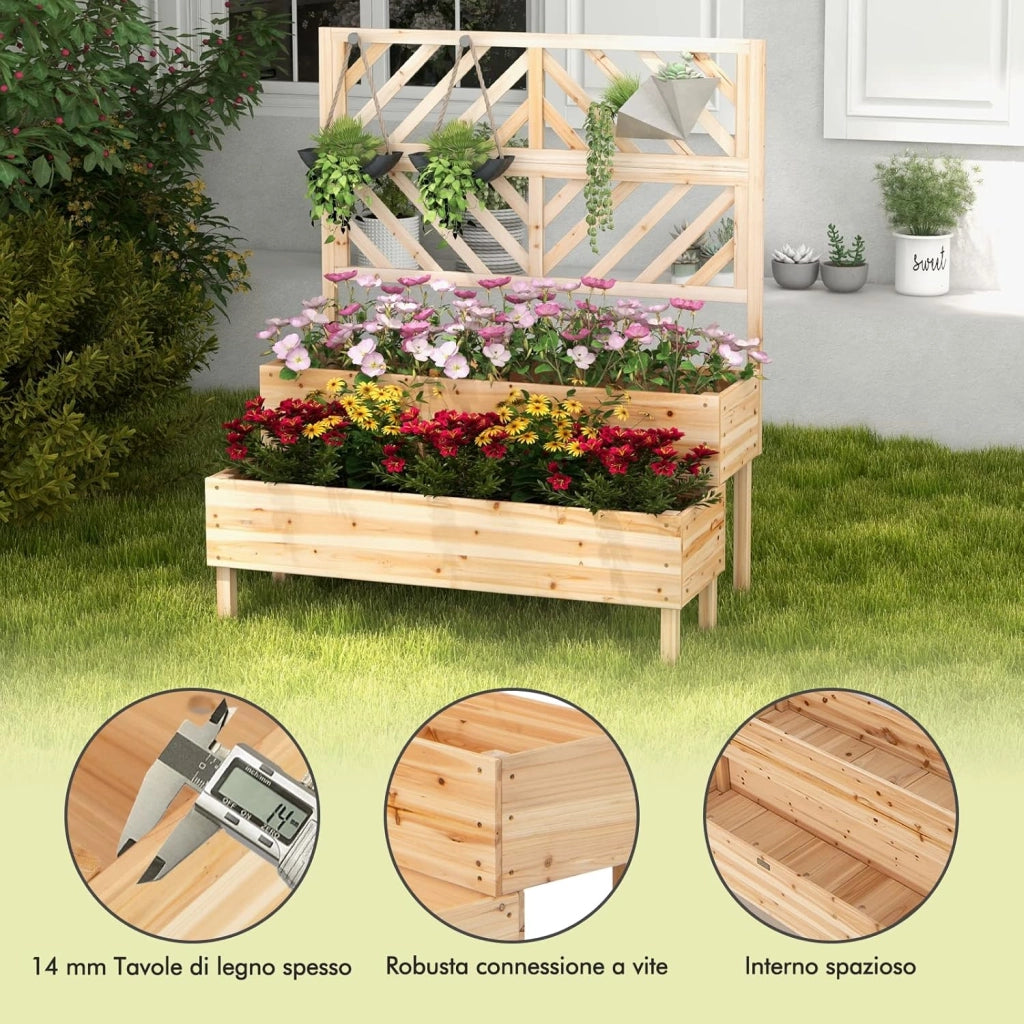 Fioriera da Giardino a 2 Livelli con Traliccio, Letto Rialzatto con Gambe in Legno, Foro di Drenaggio, Fioriera da Interno ed Esterno per Frutta, Verdura, Fiori ed Erbe Rampicanti (Legno)