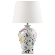 Lampada da tavolo Base in porcellana bianca Paralume a tamburo in lino con patten floreale Illuminazione elegante
