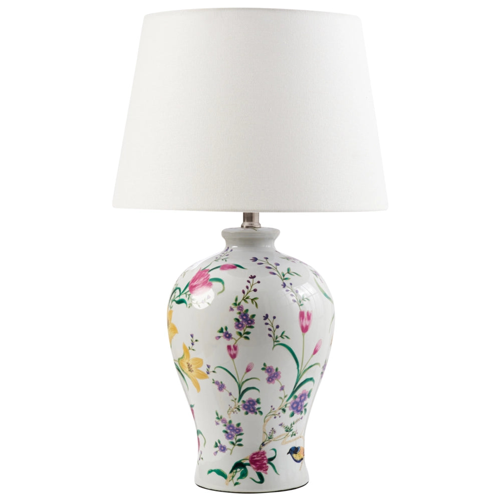 Lampada da tavolo Base in porcellana bianca Paralume a tamburo in lino con patten floreale Illuminazione elegante