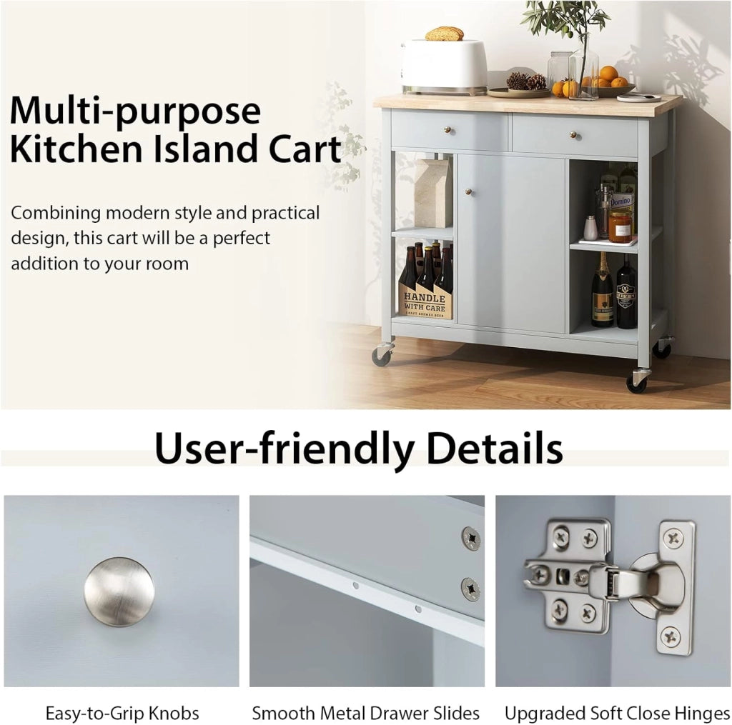 Carrello da cucina con ruote, isola da cucina con piano di lavoro, carrello da portata con ripiani regolabili, carrello da cucina, mobile da cucina con 2 cassetti e porta, trolley da cucina
