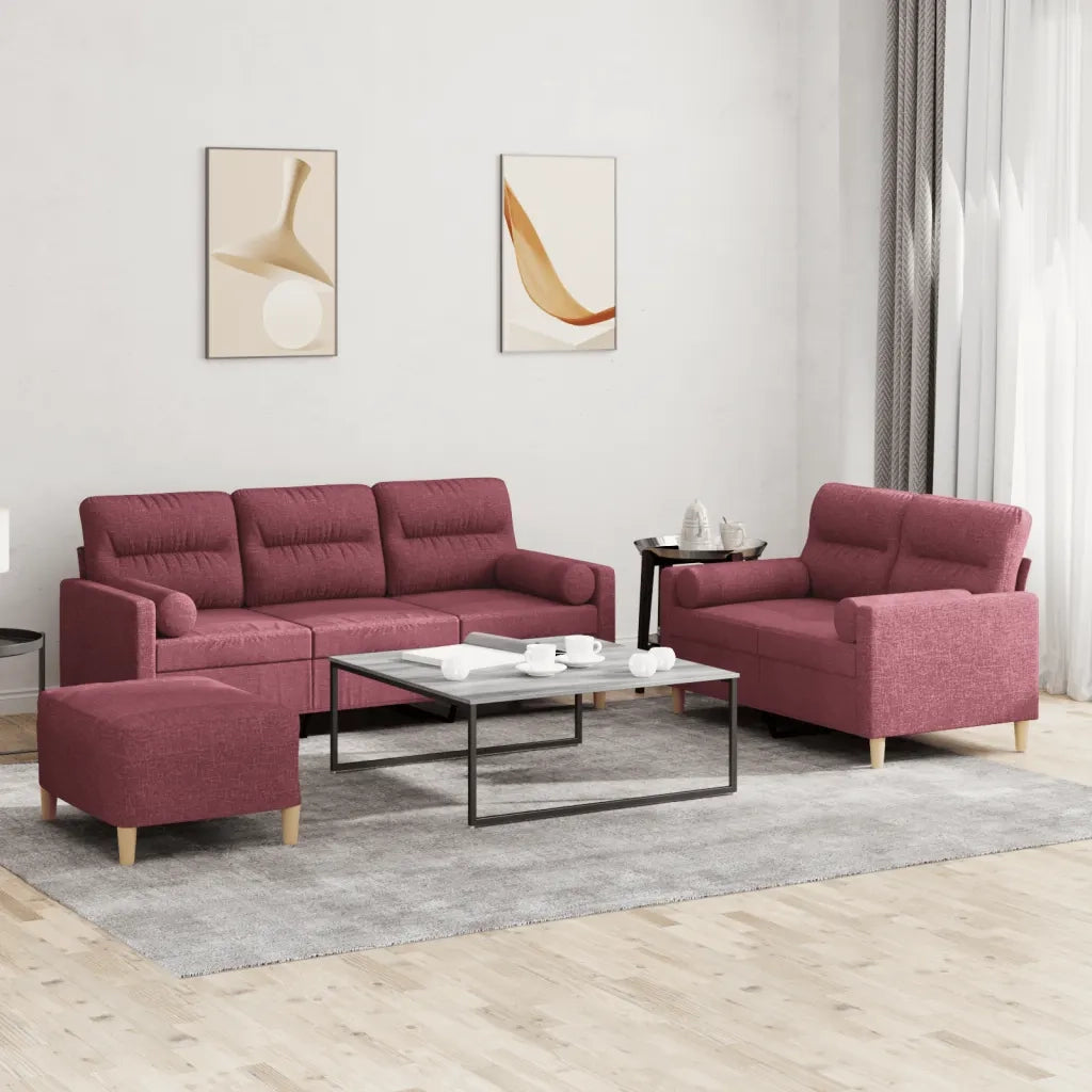 Set di Divani 3 pz con Cuscini Rosso Vino in Tessuto 3201630