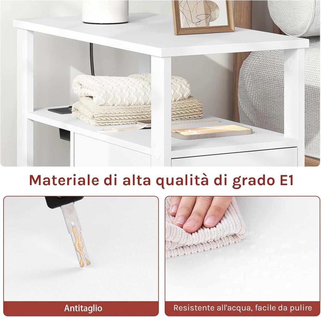 Tavolino Stretto con Stazione di Ricarica per Divano, Comodino con 2 Cassetti 2 Ripiani 1 Scomparto, per Soggiorno, Camera da Letto, 60x60x30 cm, Bianco