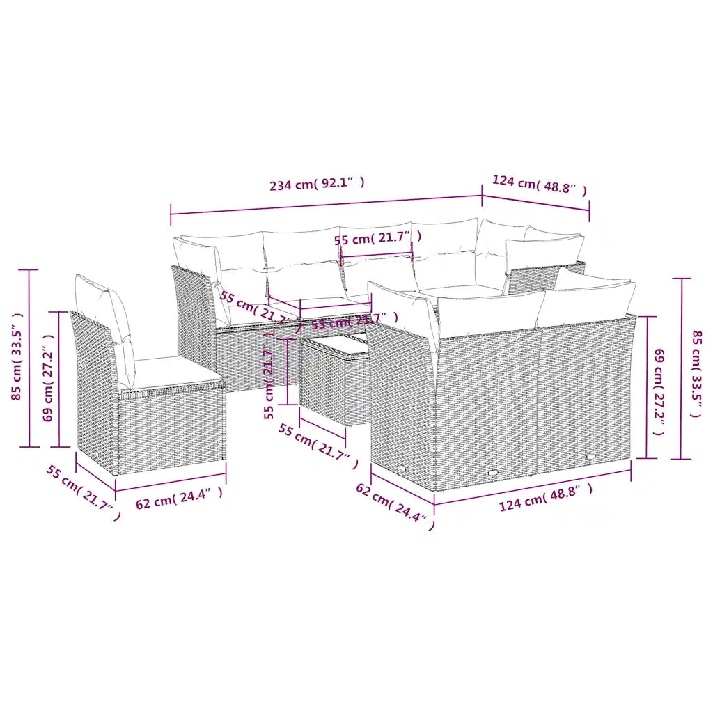 Set Divani da Giardino 9pz con Cuscini Marrone in Polyrattan