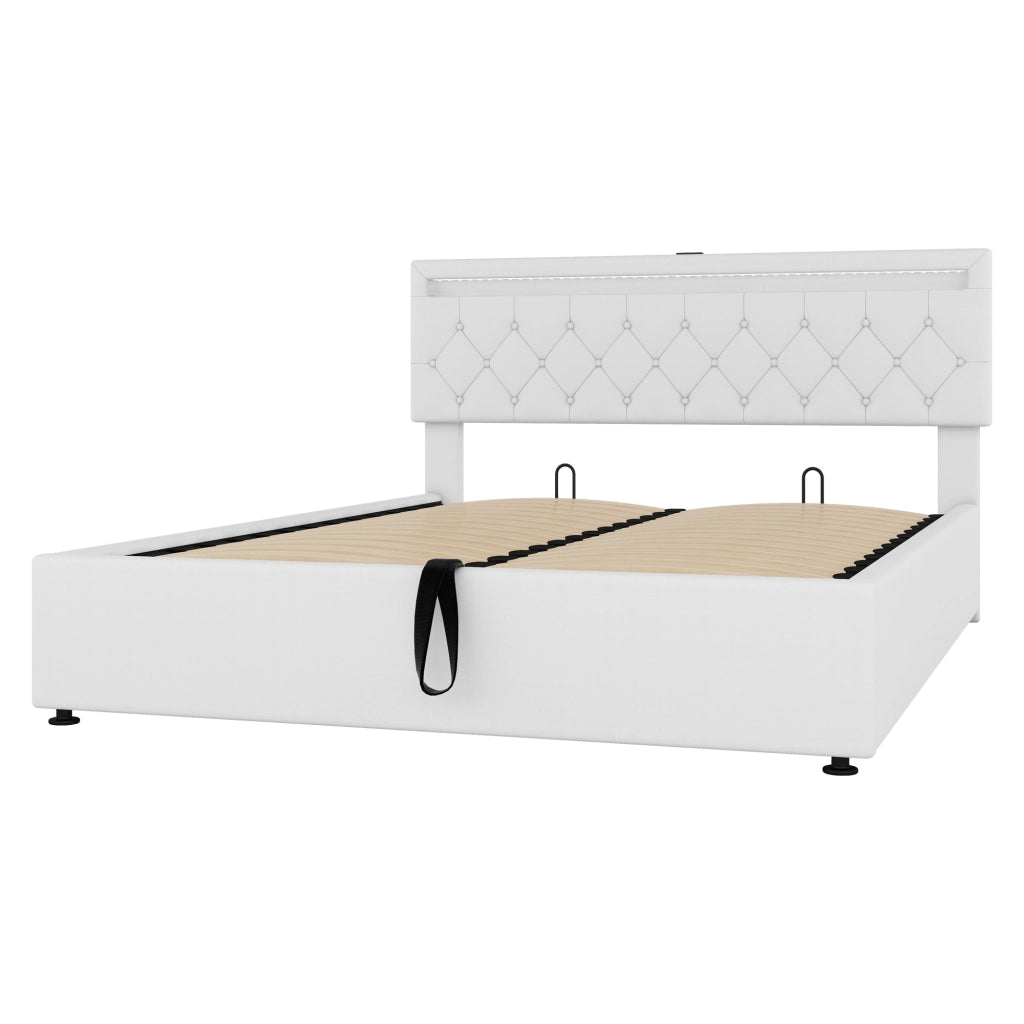 Letto Matrimoniale 160 × 200 cm con luce LED, porte USB e Type-C, contenitore idraulico, senza materasso, bianco
