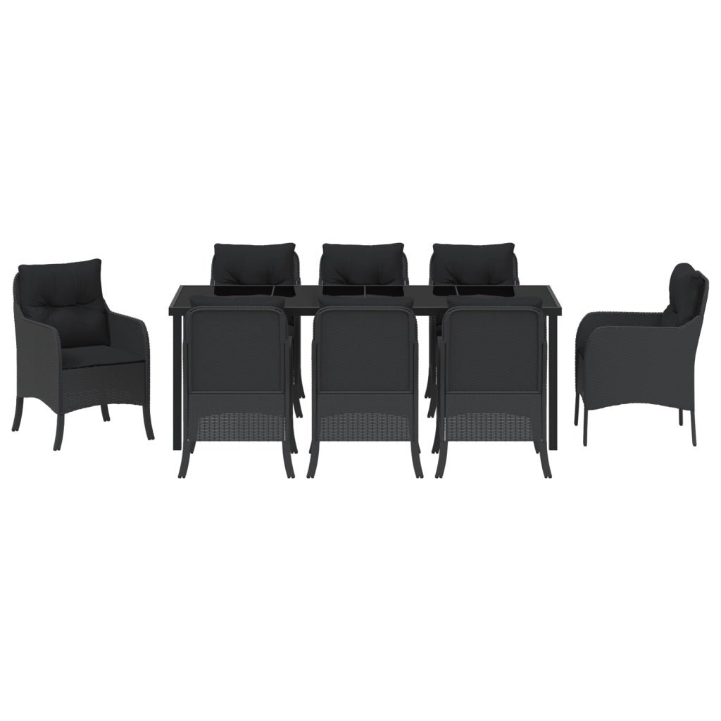 Set da Pranzo da Giardino da 9 Pezzi con Cuscini Nero Rattan Polimerico
