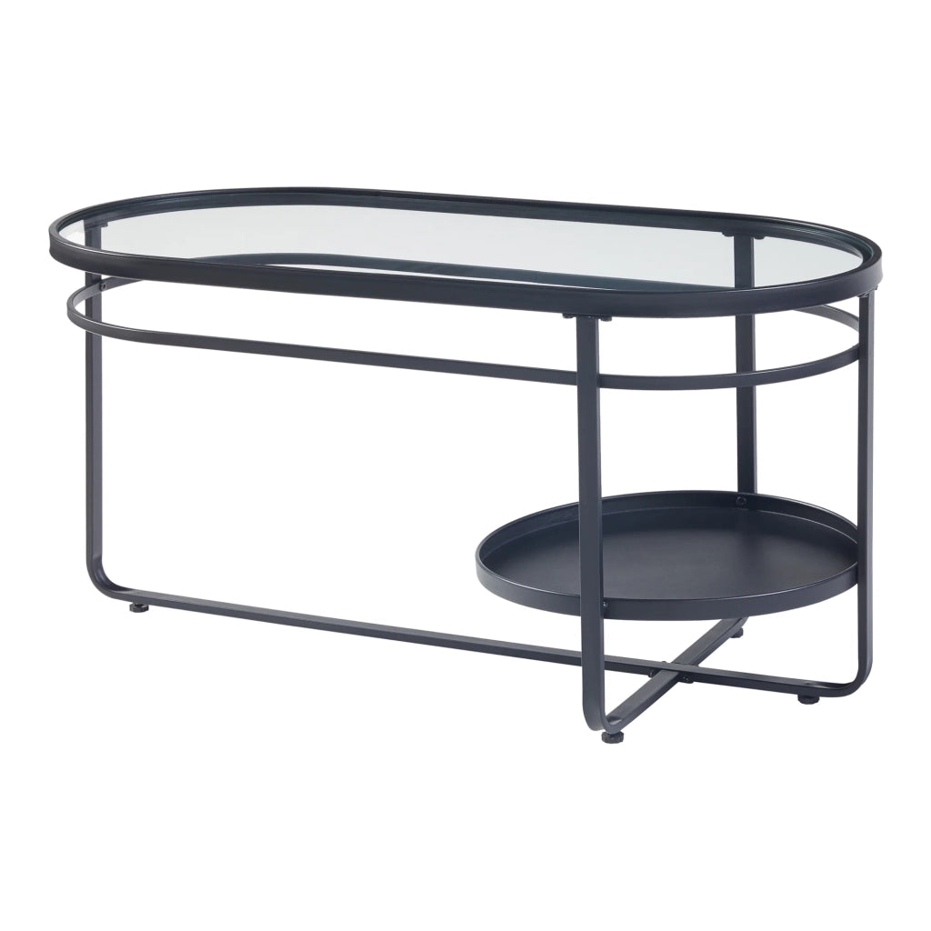 Tavolino da caffè con piano ovale e ripiano metallo vetro temperato 90 x 43 x 46 cm nero 03_0010812