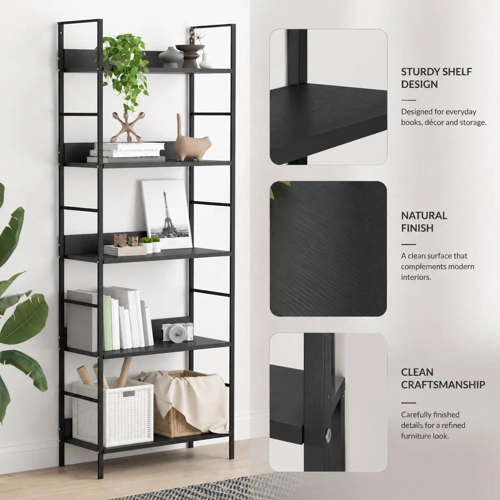 Bookshelf With 5 Shelves, Black, 60x27.6x158.5 Cm, Engineered Wood