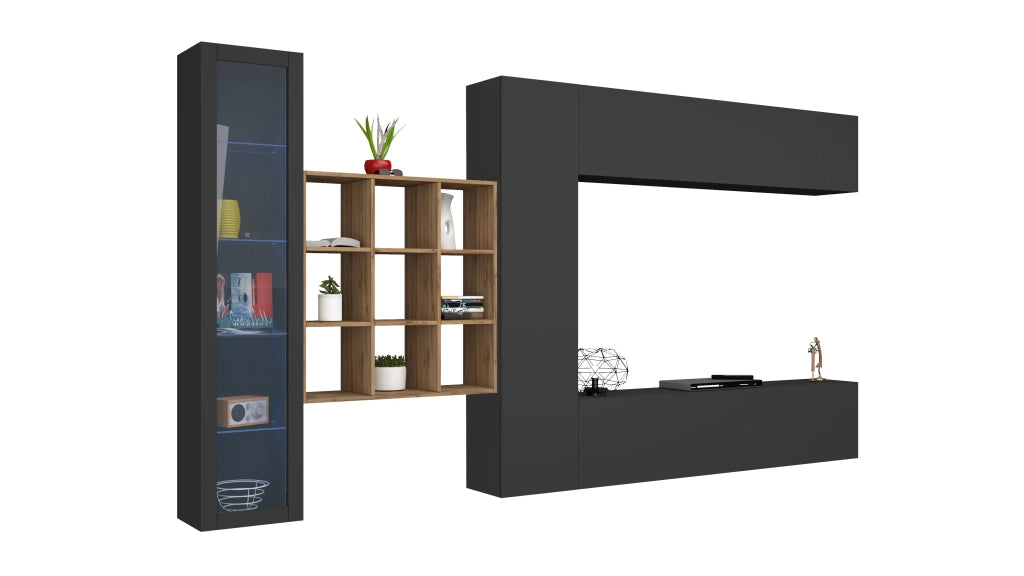 Parete TV attrezzata sospesa pensile antracite vetrina libreria moderna Femir RT