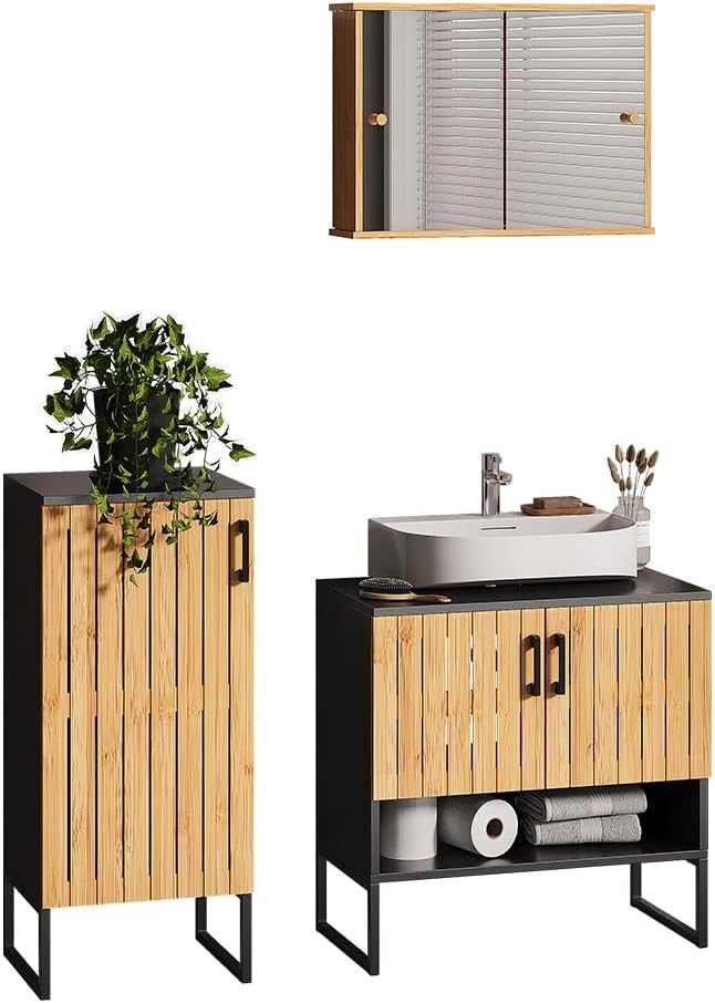 Set di mobili da bagno Vayra, Bambù, 60 cm, composto da mobile sottolavabo, specchiera e mobile medio