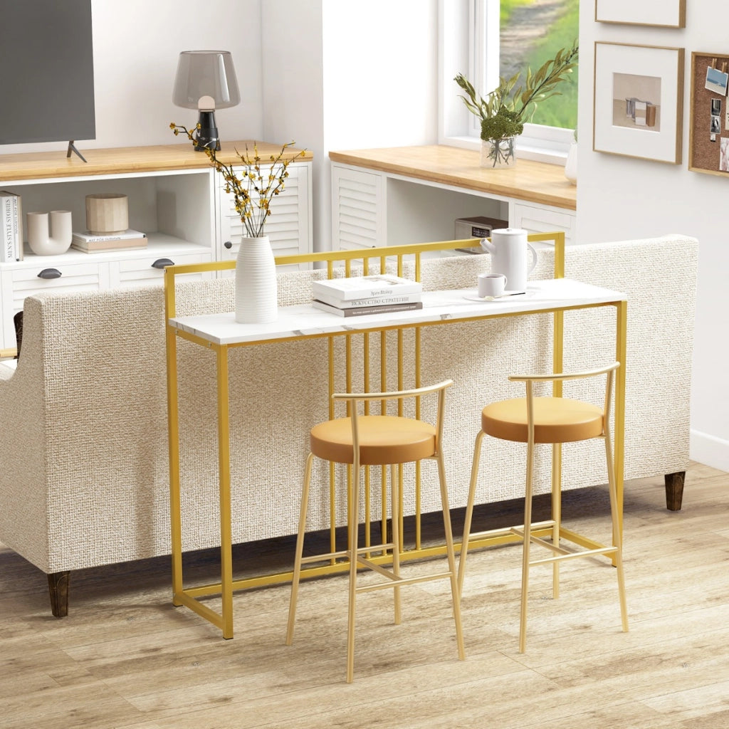 Tavolo da ingresso lungo 120cm, Consolle con piano effetto marmorino sponda struttura in metallo dorato Bianco-Consolle