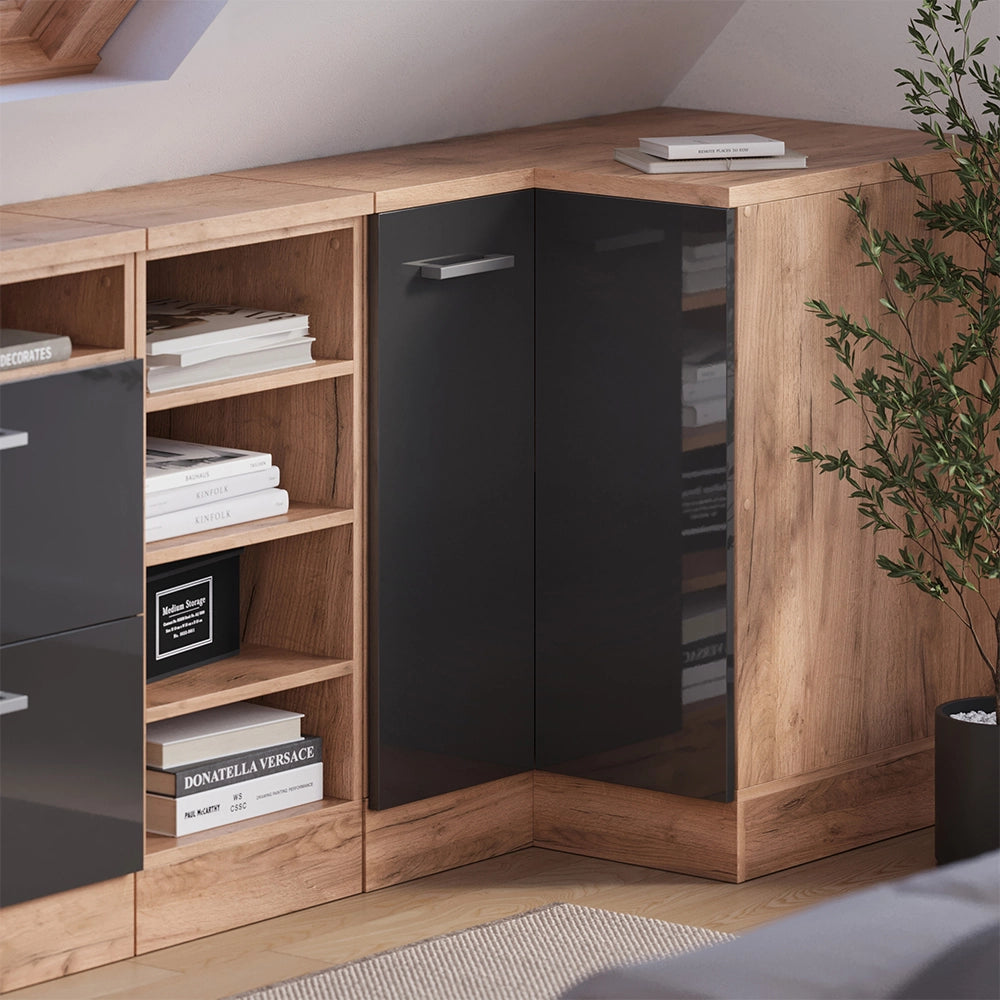 Mobile cucina angolare per sottotetto R-Line Antracite lucido/Rovere dorato 75.6 cm con 1 porta, carcassa dell’armadio profondità 60 cm Vicco