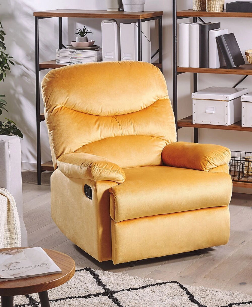 Poltrona reclinabile con rivestimento in velluto giallo Push-Back con schienale e poggiapiedi regolabili manualmente Poltrona dal design retrò
