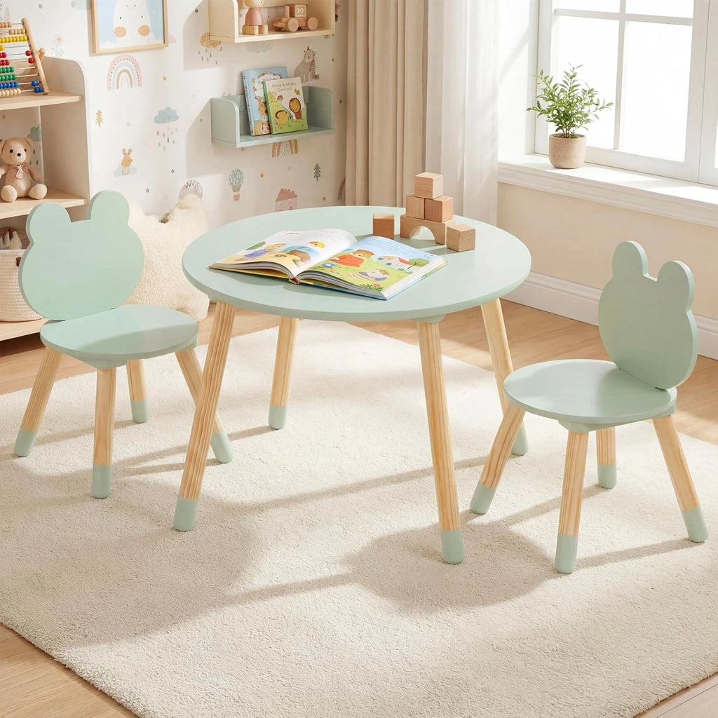 Set Tavolo e Sedie per Bambini, Tavolino e 2 Sedie a Forma di Rana con Gambe in Legno e Angoli Arrotondati, Set Mobili Salvaspazio per Bambini 3+ Anni per Cameretta Ragazzi (Verde)