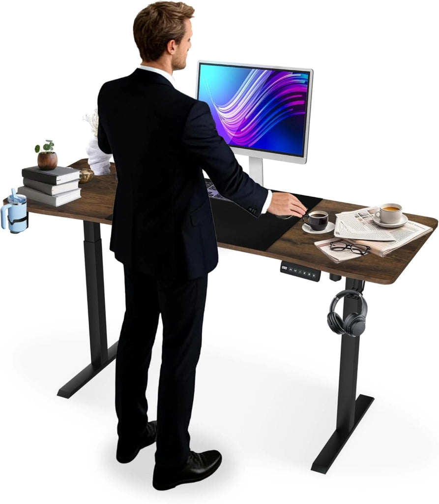Scrivania regolabile in altezza, 160 x 60 cm, scrivania elettrica per computer, scrivania da ufficio con porta di ricarica di tipo C, gancio per cuffie e porta bevande, sedile elettrico, con