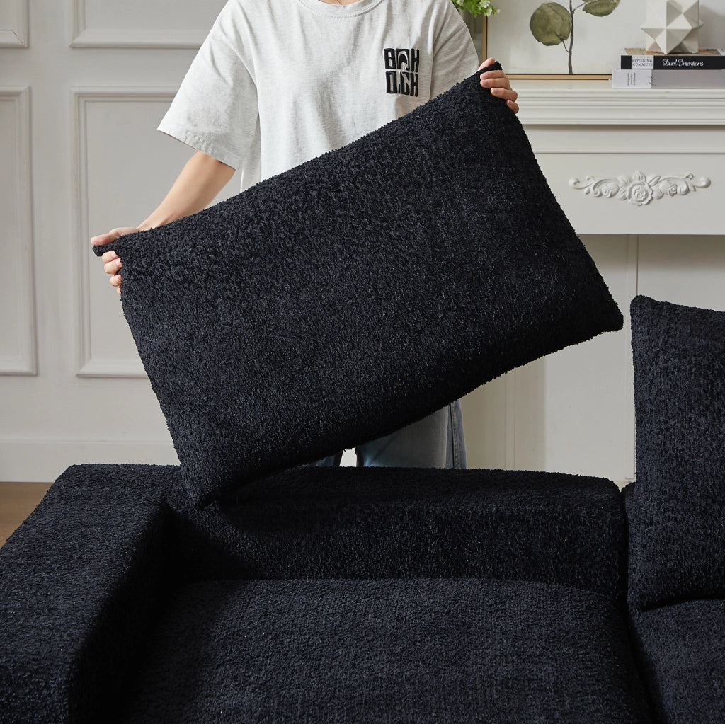 Divano modulare ULEVR 250x160 cm con chaise longue reversibile, 4 moduli e 3 cuscini in ciniglia nera