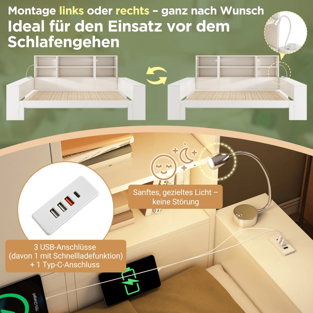 Letto a Divanetto 90 x 200 cm; Letto Singolo - Estraibile; USB e Type-C - Bianco