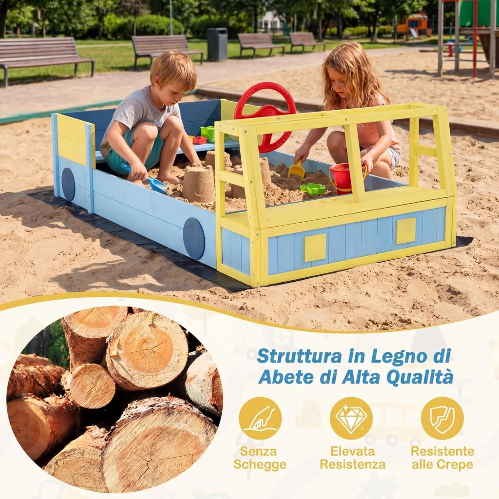 Sabbiera per Bambini in Legno, Gioco da Spiaggia a Forma di Autopompa con Panca, Volante Orientabile e Rivestimento, Sabbiera da Esterno per Giardino Cortile, 18+ Mesi