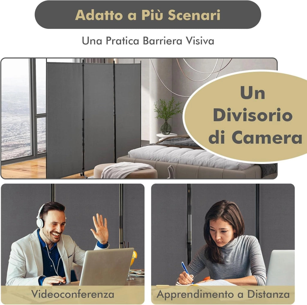 Paravento da Interno in Metallo, Separé Divisorio Interno Pieghevole con Piedini Stabili, Pannelli Divisori per Interni per Casa e Ufficio (Grigio, 262 x 180 cm (3 Pannelli con ruote))