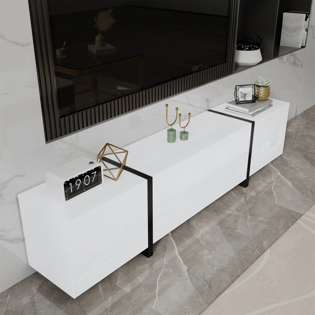 OKWISH Mobile TV con 3 Ante 1 Cassetto e 1 Anta a Ribalta, Frontali Lucidi, per Soggiorno, Bianco e Nero, 170 x 30 x 39 cm