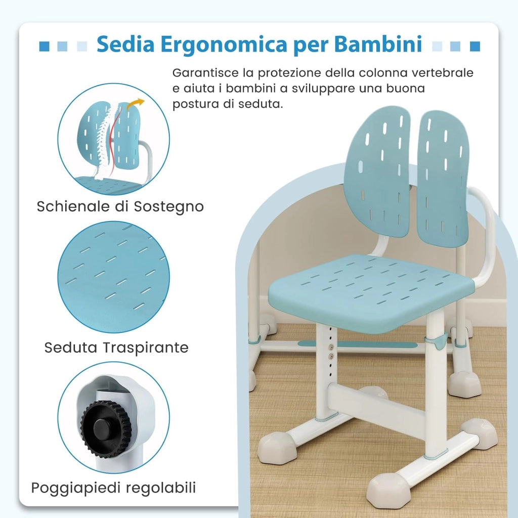 Set di Scrivania e Sedia per Bambini con Altezza Regolabile, Blu | Banco Scuola con Piano Inclinabile, Supporto per Libri, Barra Poggiapiedi e Sedia Ergonomica per Scuola, Ufficio e Cameretta