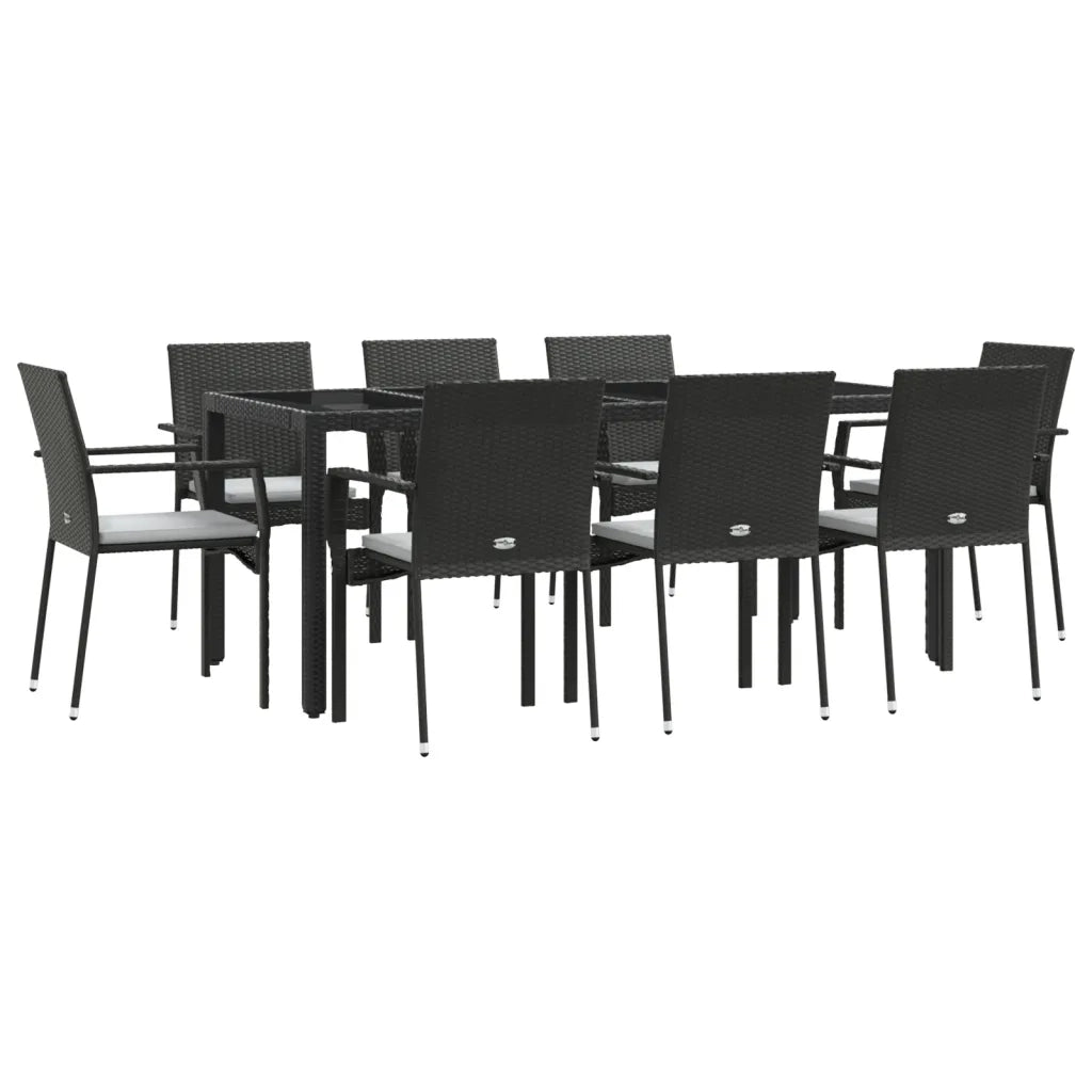 Set da Pranzo da Giardino 9 pz con Cuscini Nero in Polyrattan 3184980